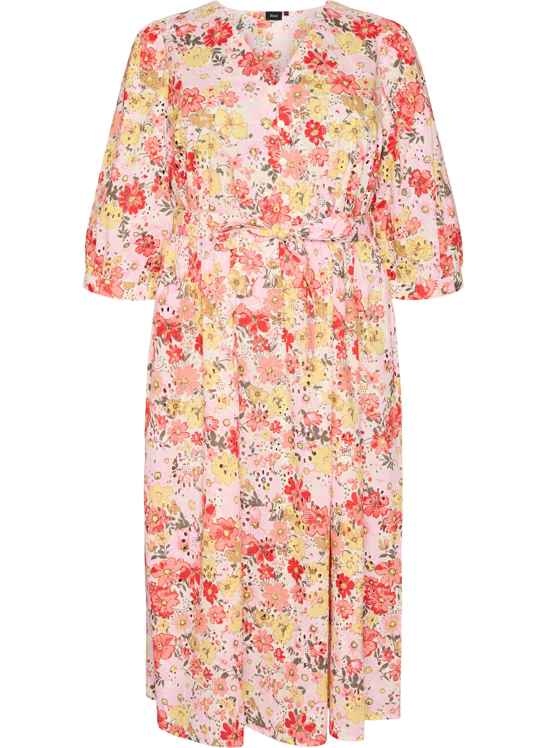 Gebl&uuml;mtes Midikleid mit Lochstickerei und Bindeg&uuml;rtel