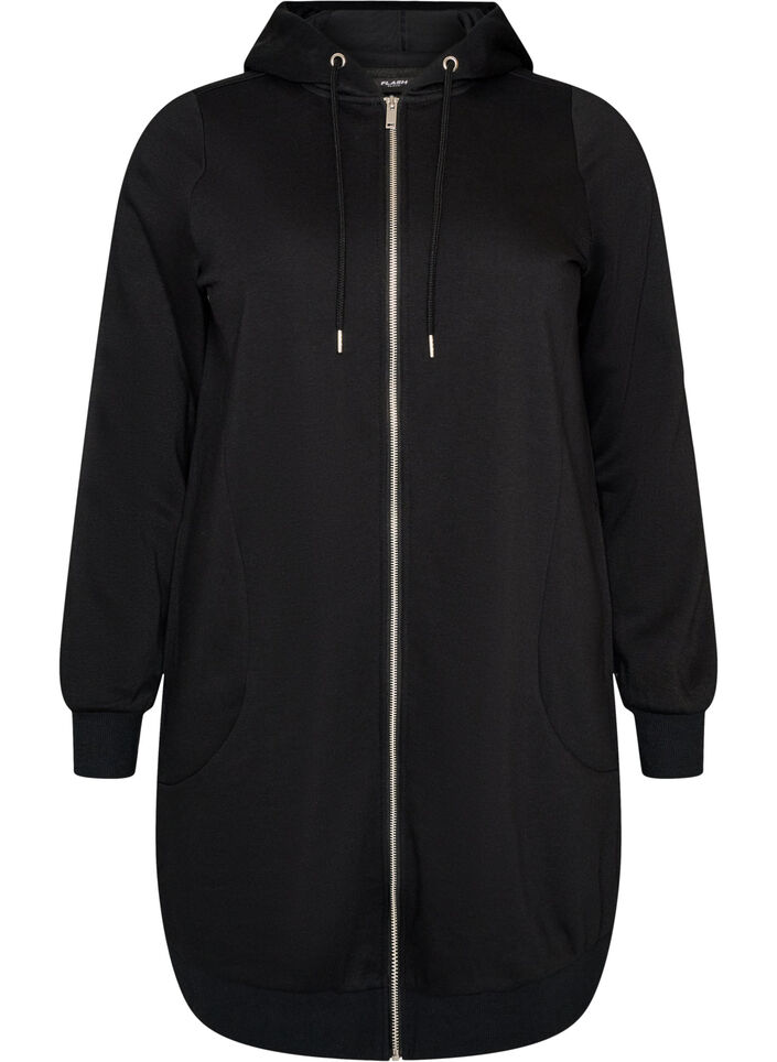 Langer Hoodie mit Rei&szlig;verschluss und Taschen, Schwarz, Packshot image number 0