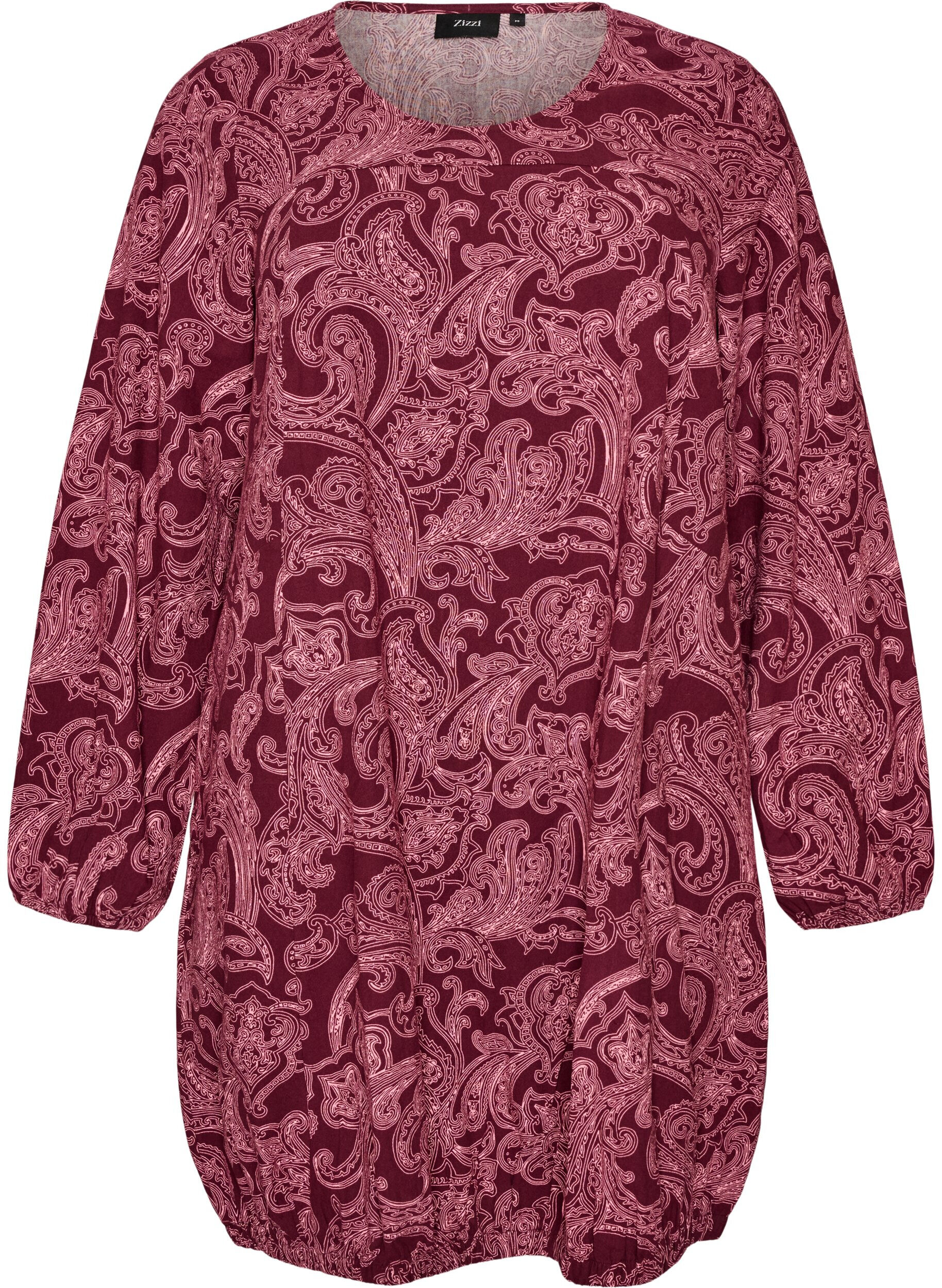 ZizziKurzes Baumwollkleid mit Gummisaum und langen &Auml;rmeln, Dunkles Bordeaux, Packshot image number 0