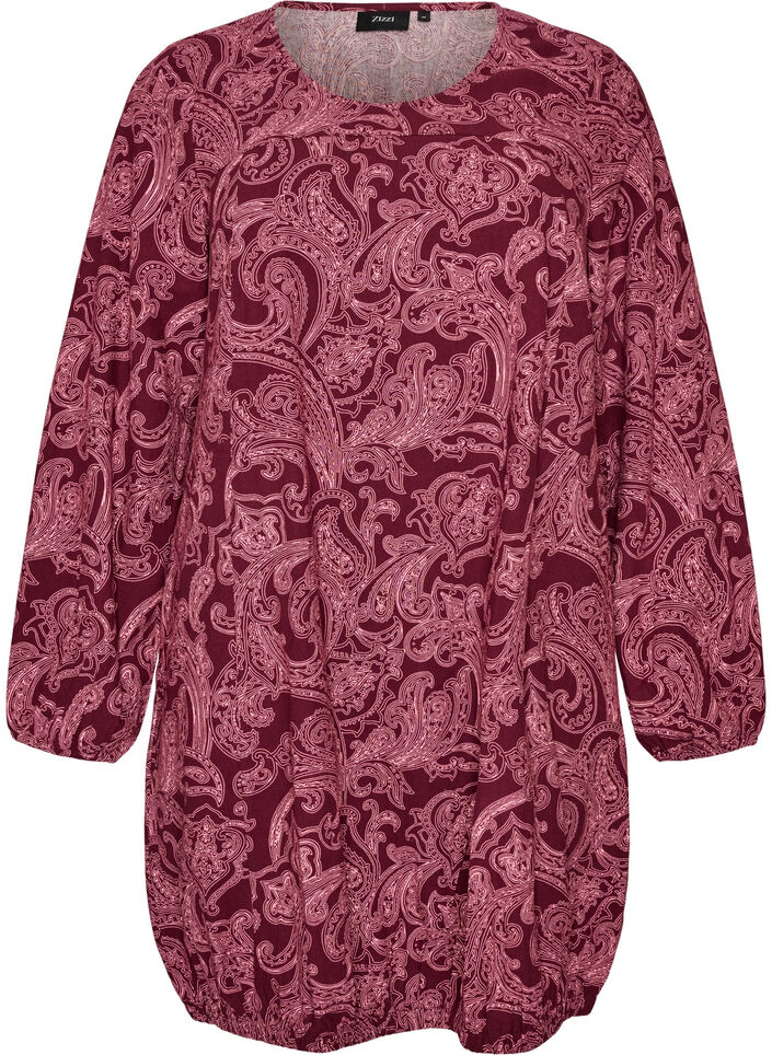 Kurzes Baumwollkleid mit Gummisaum und langen &Auml;rmeln, Dunkles Bordeaux, Packshot image number 0