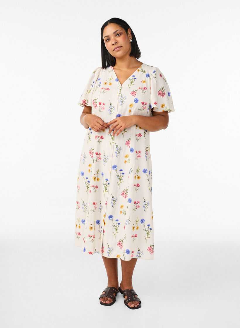 Midikleid aus Leinen und Viskose mit R&uuml;schen&auml;rmeln, Beige, Model image number 0