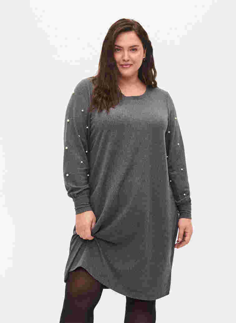 Langärmeliges Kleid mit Perlendetails, Dark Grey Melange, Model image number 0