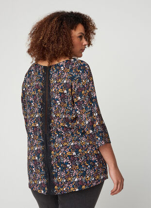 Bluse mit Print, 3/4-Ärmeln und Spitze am Rücken, Black/Multi Flower, Model image number 1