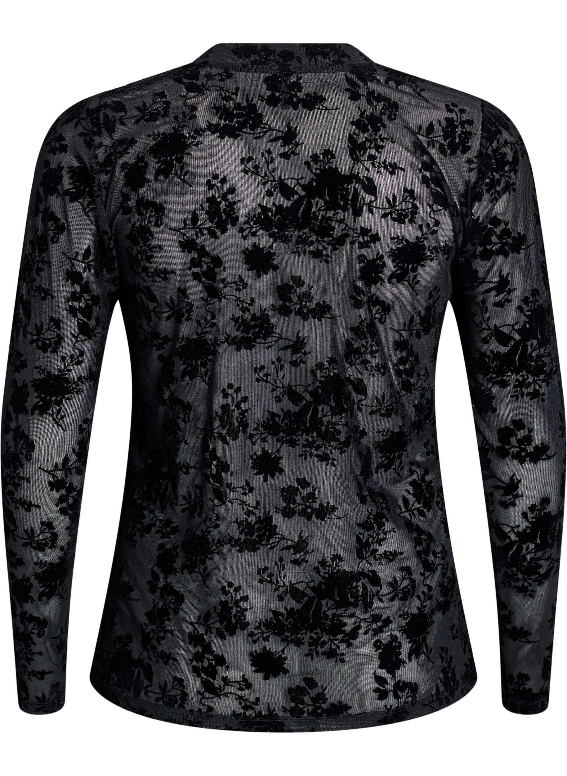 Zizzi Meshbluse mit Blumenmuster, Schwarz, Packshot image number 1