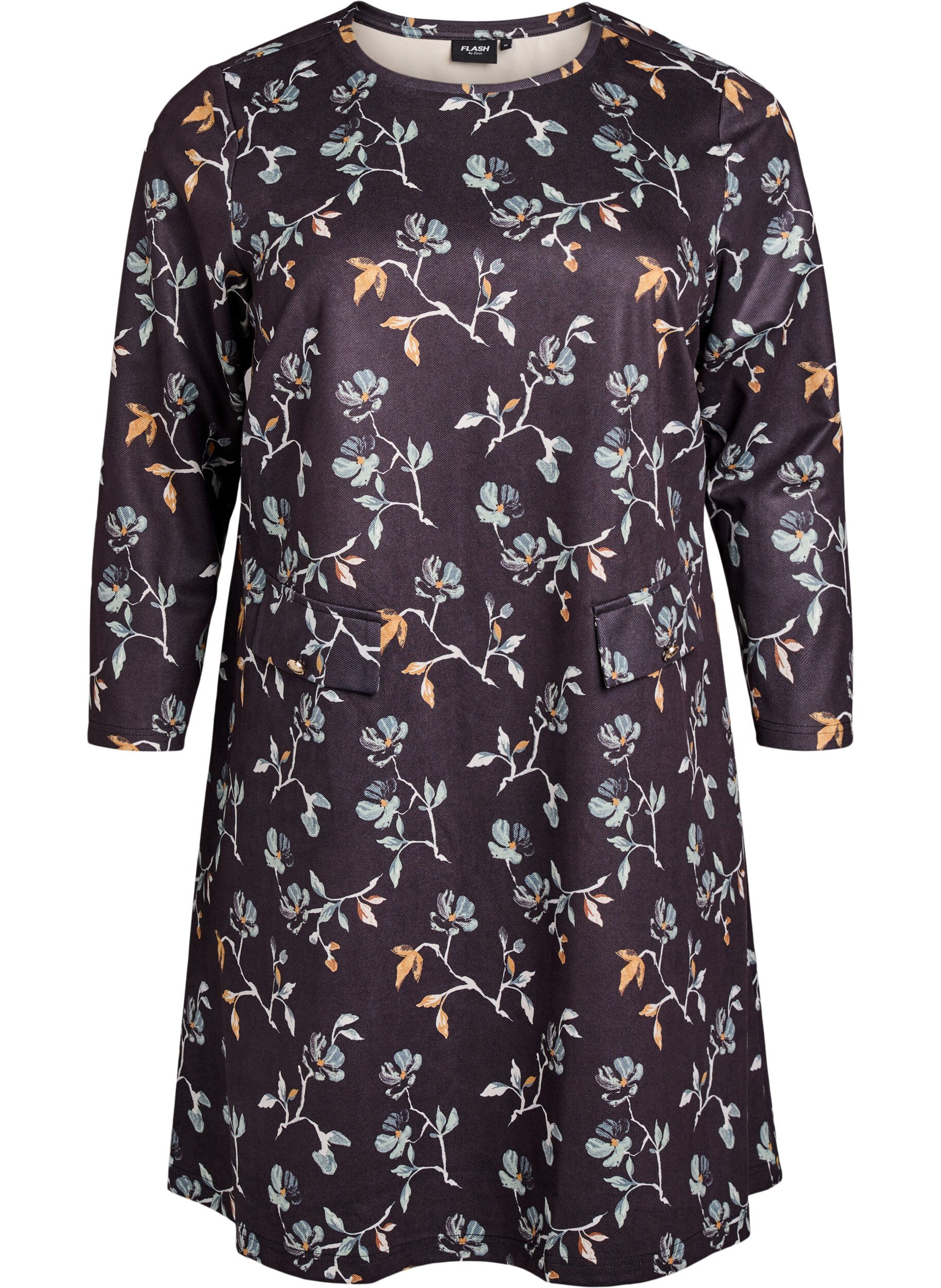 Zizzi Kurzes A-Linien-Kleid mit 7/8-&Auml;rmeln, Schwarz, Packshot image number 0