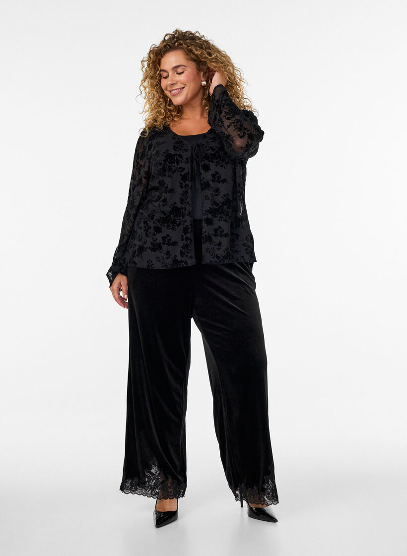 Meshbluse mit Blumenmuster und offener Front, Schwarz, Model image number 1