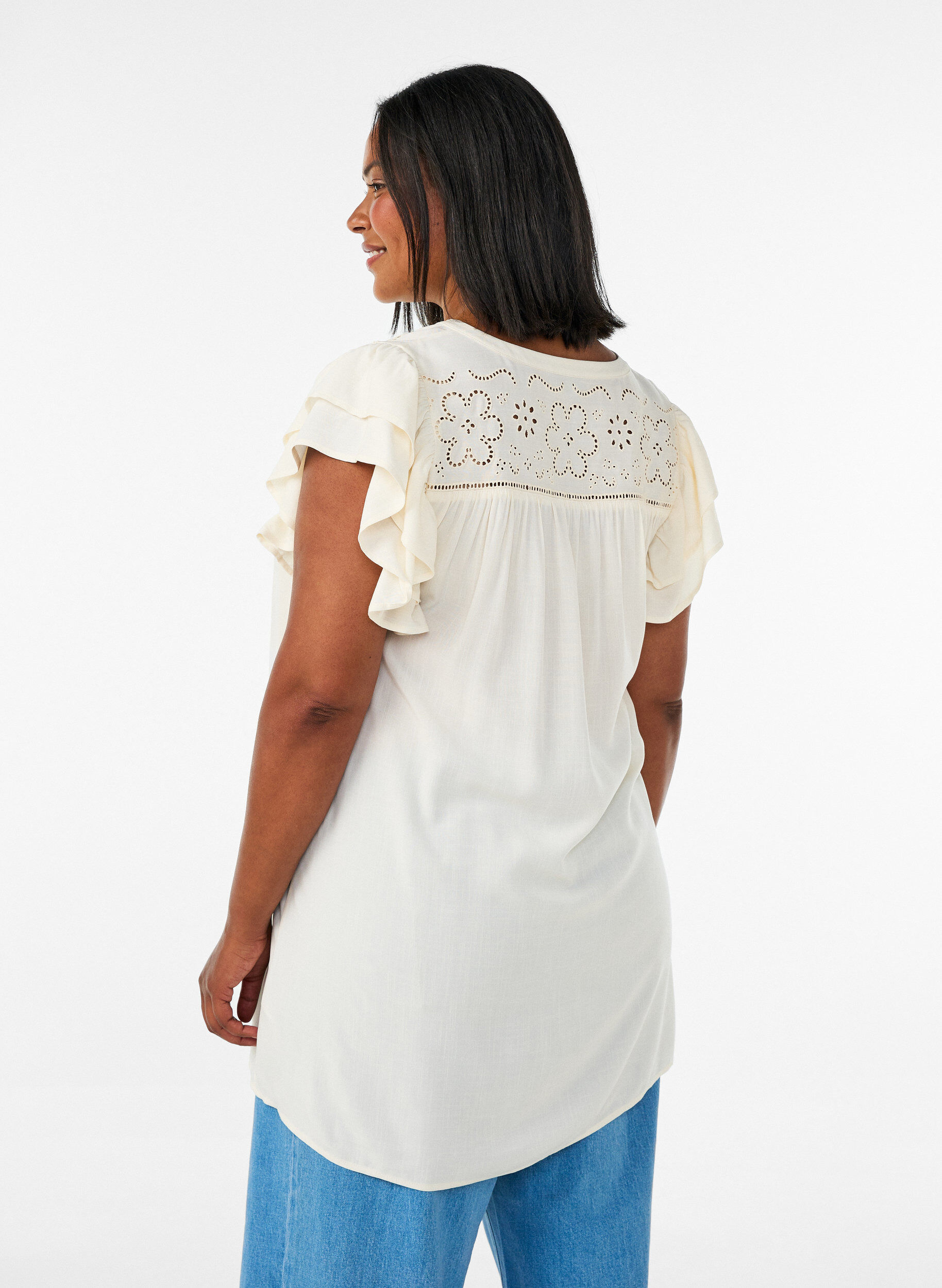 ZizziTunika mit Broderie Anglaise und R&uuml;schen&auml;rmeln, Beige, Model image number 2