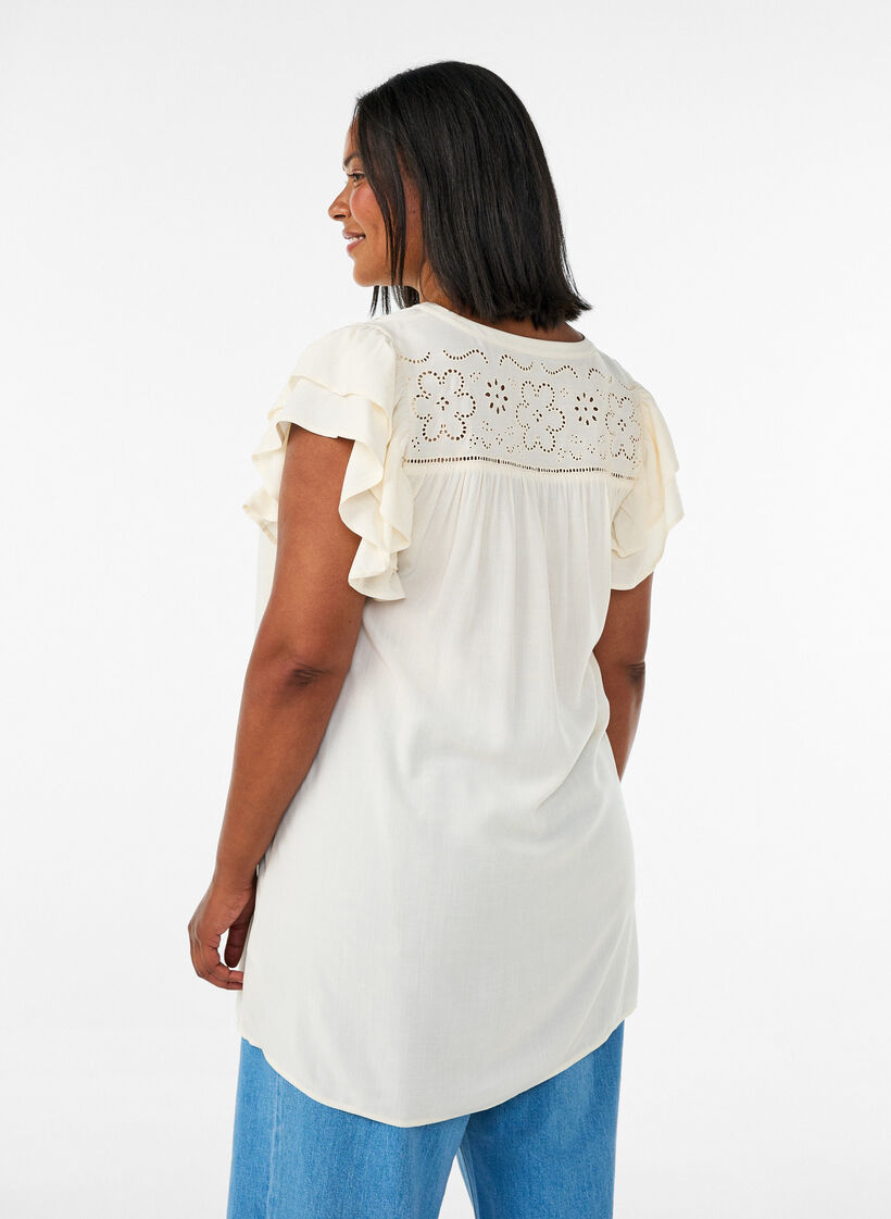 Tunika mit Broderie Anglaise und R&uuml;schen&auml;rmeln, Beige, Model image number 2