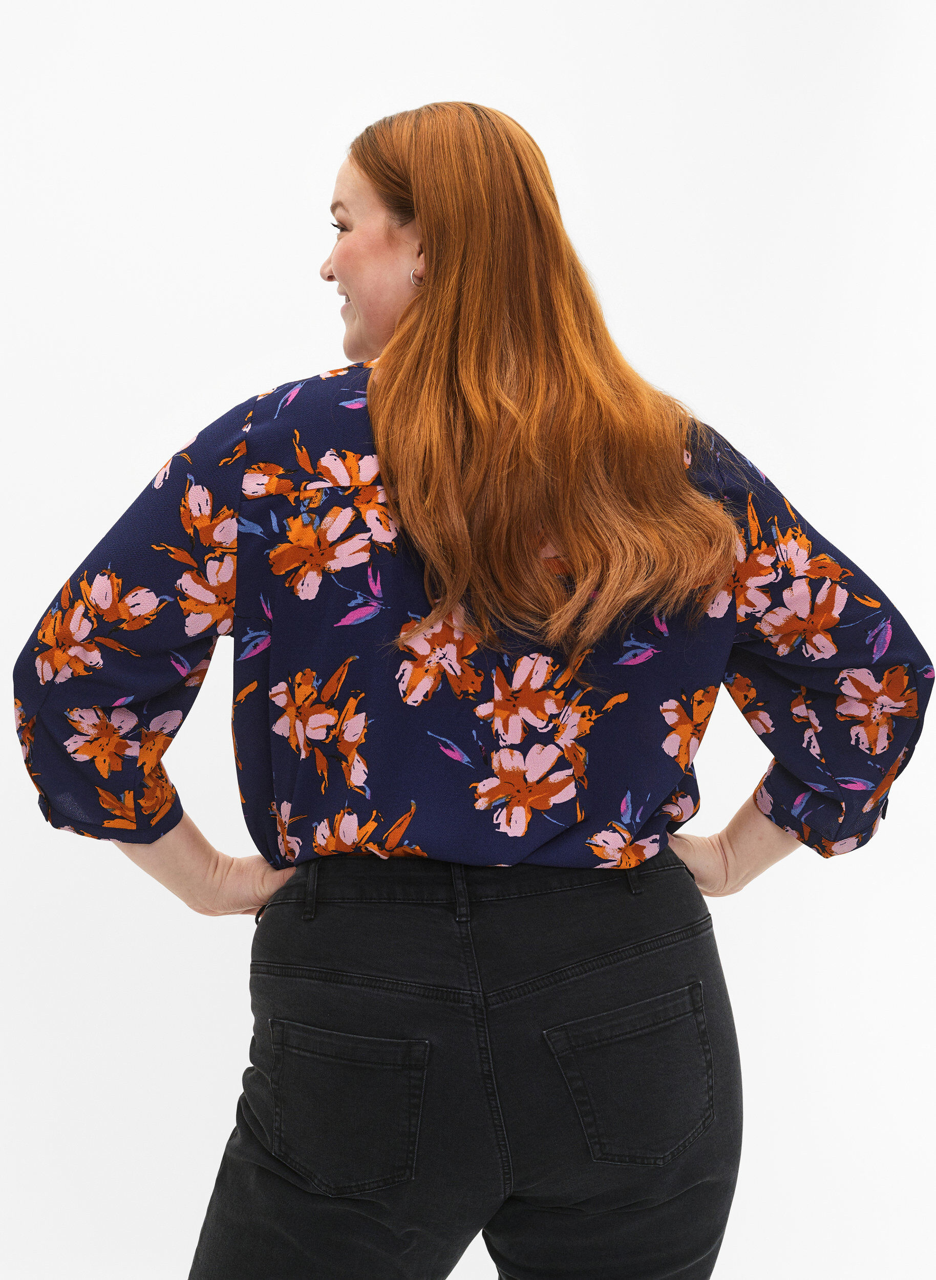 Zizzi Florale Bluse mit 3/4-&Auml;rmeln, Peacoat Flower AOP, Model image number 1