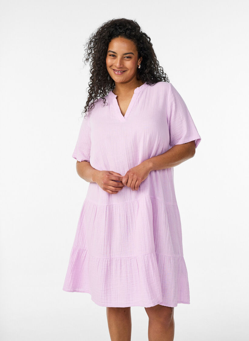Kurzes A-Linien-Kleid aus Baumwollmusselin, lila, Model image number 0
