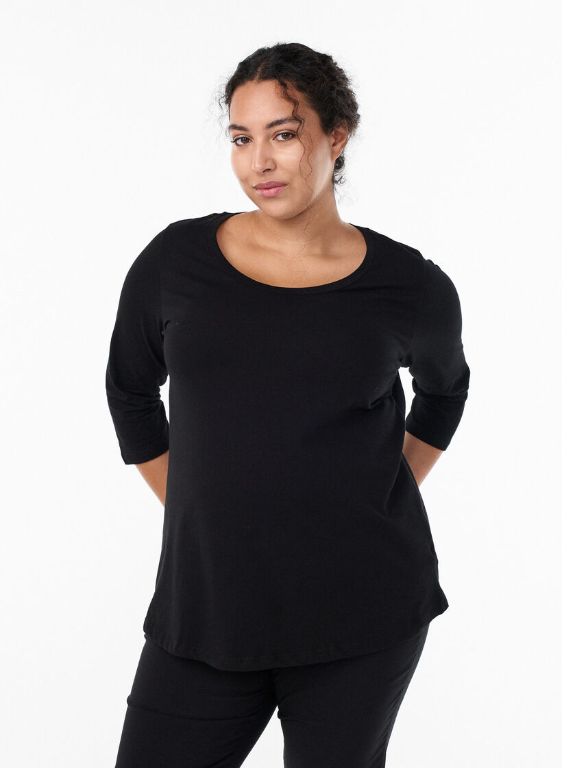 Basic T-Shirt aus Baumwolle mit 3/4-Ärmeln, Schwarz, Model image number 0