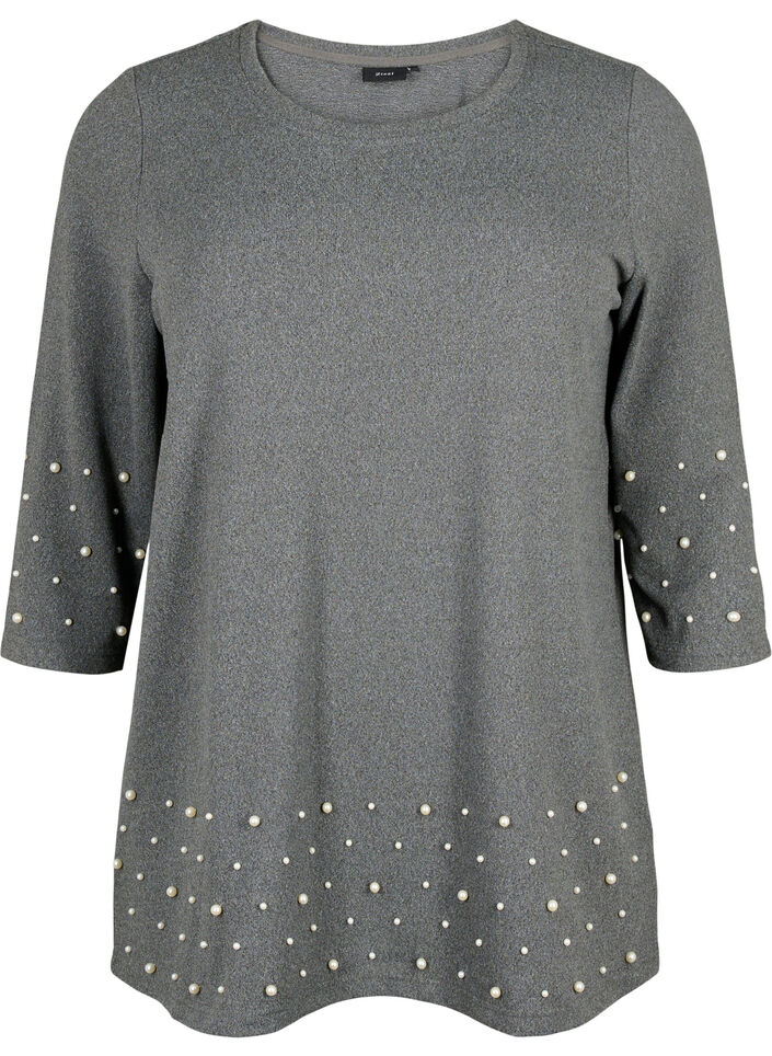 Bluse mit Perlen und 3/4 Ärmeln, Dark Grey Melange, Packshot image number 0