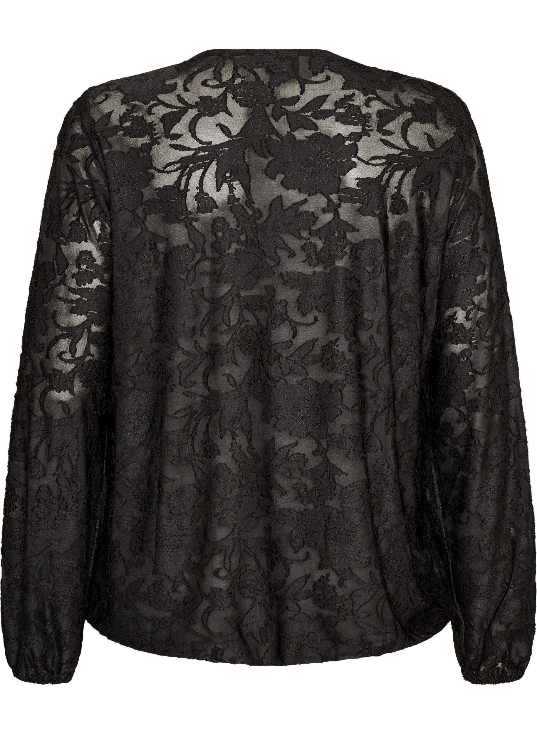 ZizziTransparente Bluse mit floraler Struktur und langen &Auml;rmeln, Schwarz, Packshot image number 1