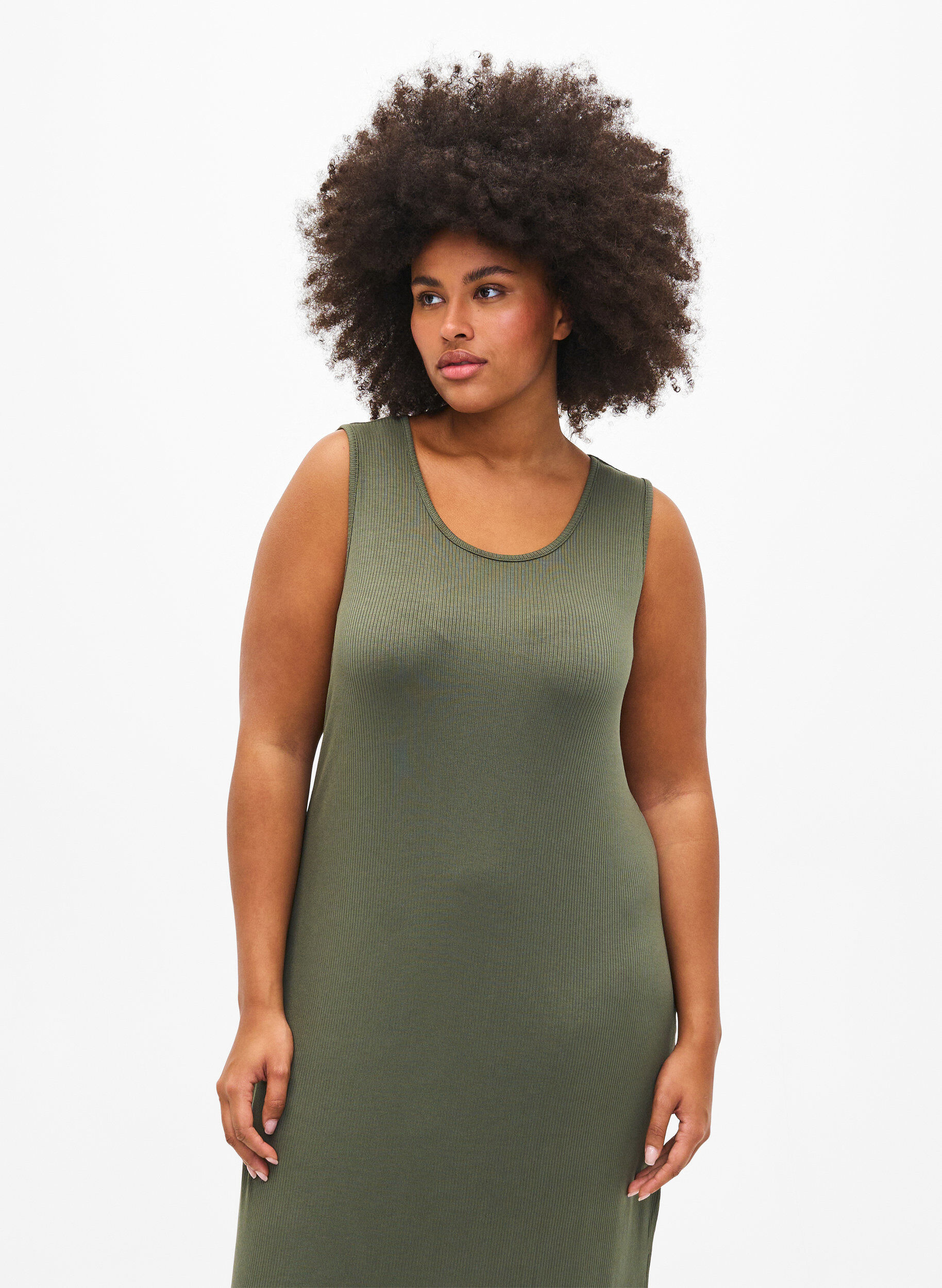 Zizzi &Auml;rmelloses geripptes Kleid aus Viskose, Gr&uuml;n, Model image number 2