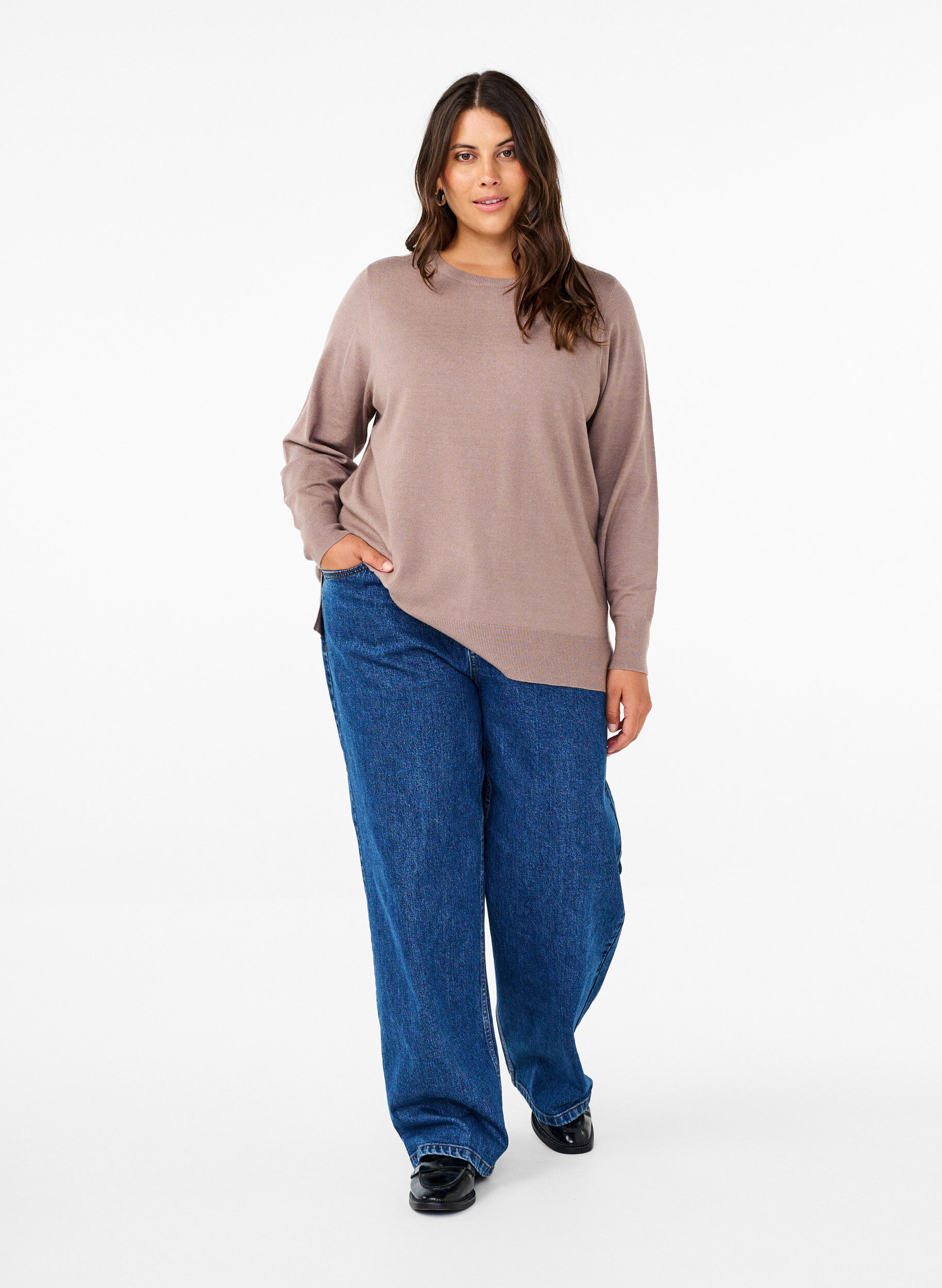 Zizzi Strickbluse mit langen &Auml;rmeln und Schlitz, Grau, Model image number 1