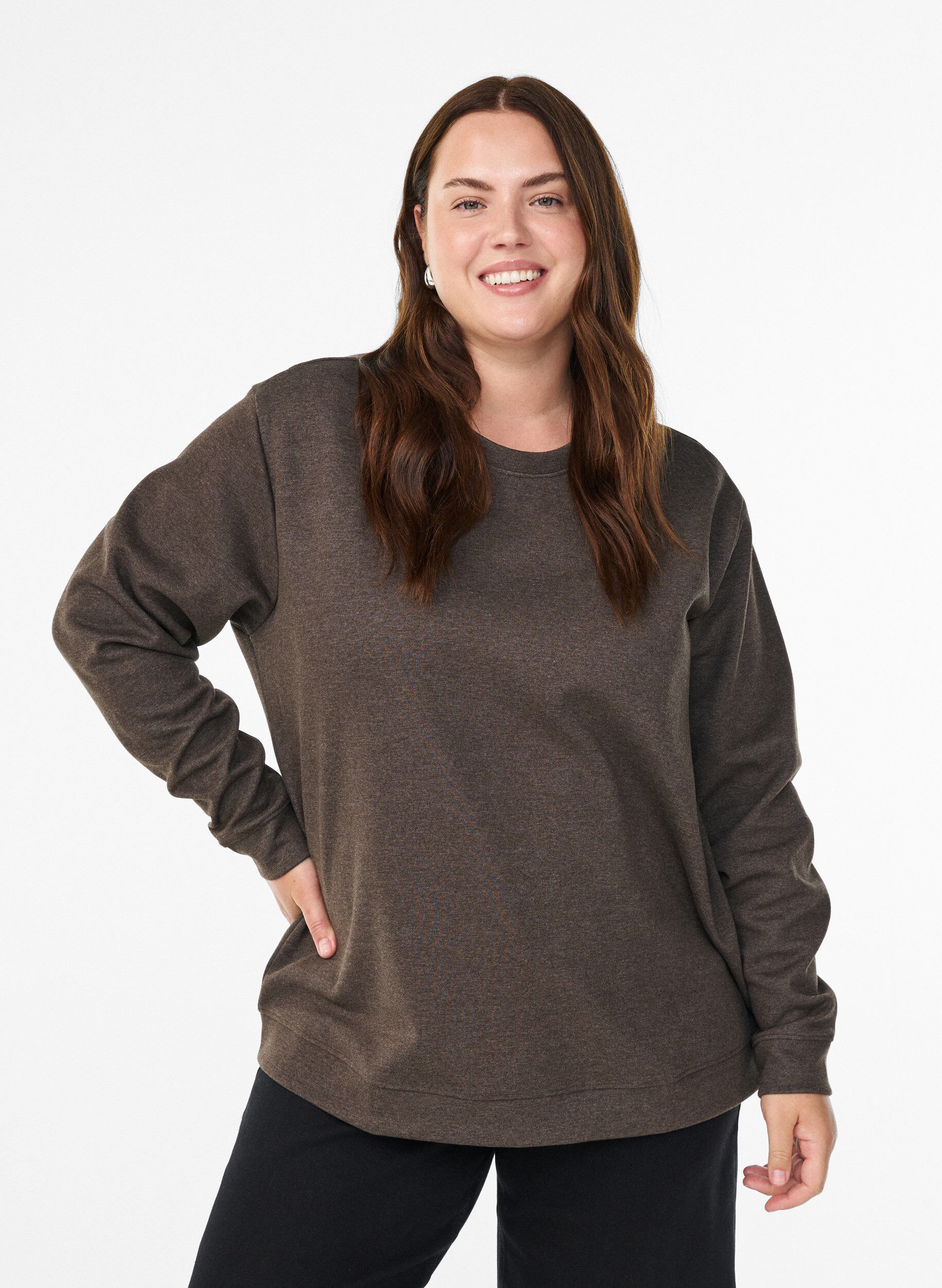 Sweatshirt mit Rundhalsausschnitt, Braun, Model