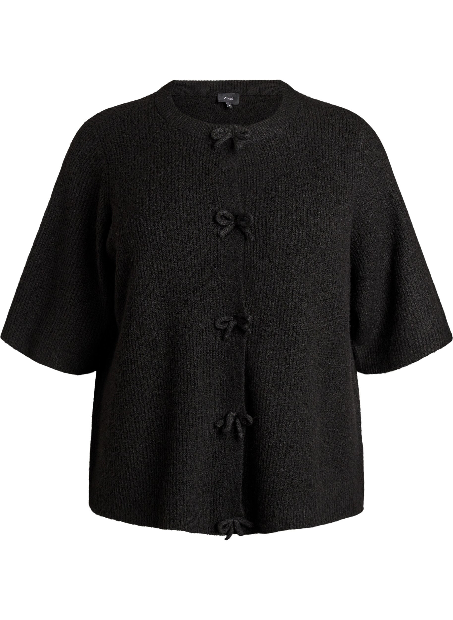 Zizzi Kurz&auml;rmelige Strickjacke mit Schleifen, Schwarz, Packshot image number 0