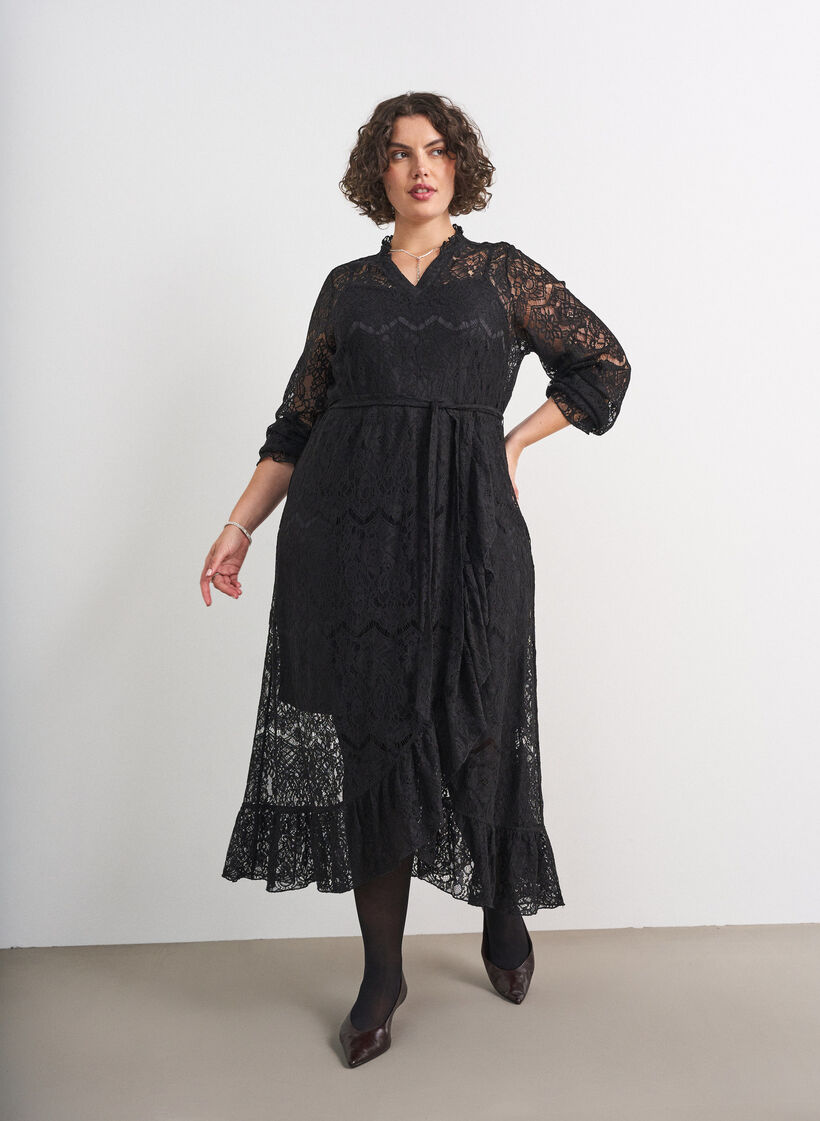 Kleid aus Spitze mit Wickelrock und R&uuml;schen, Schwarz, Model image number 0