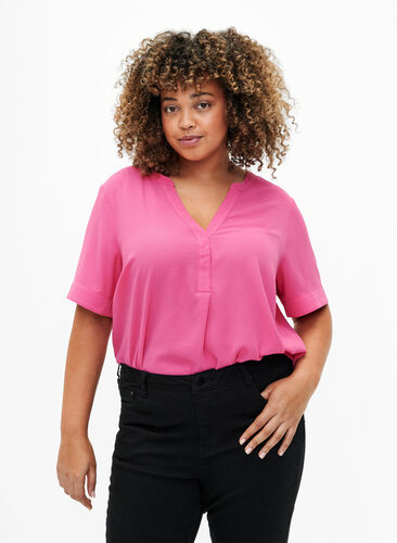 Kurzärmelige Bluse mit V-Ausschnitt, Raspberry Sorbet, Model image number 0