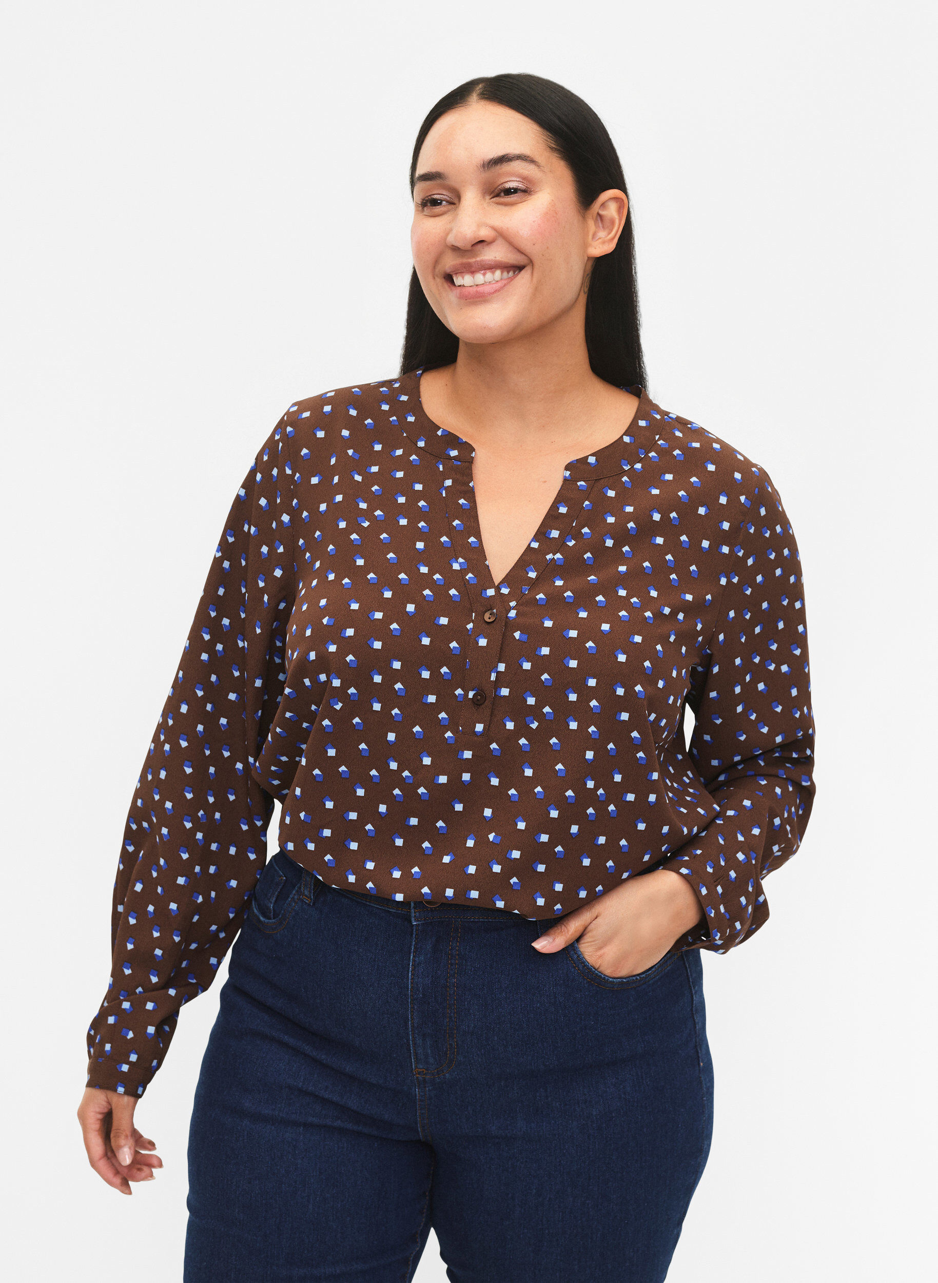 Zizzi FLASH &ndash; Lang&auml;rmlige Bluse mit Druck, Chicory Coffee AOP, Model image number 0