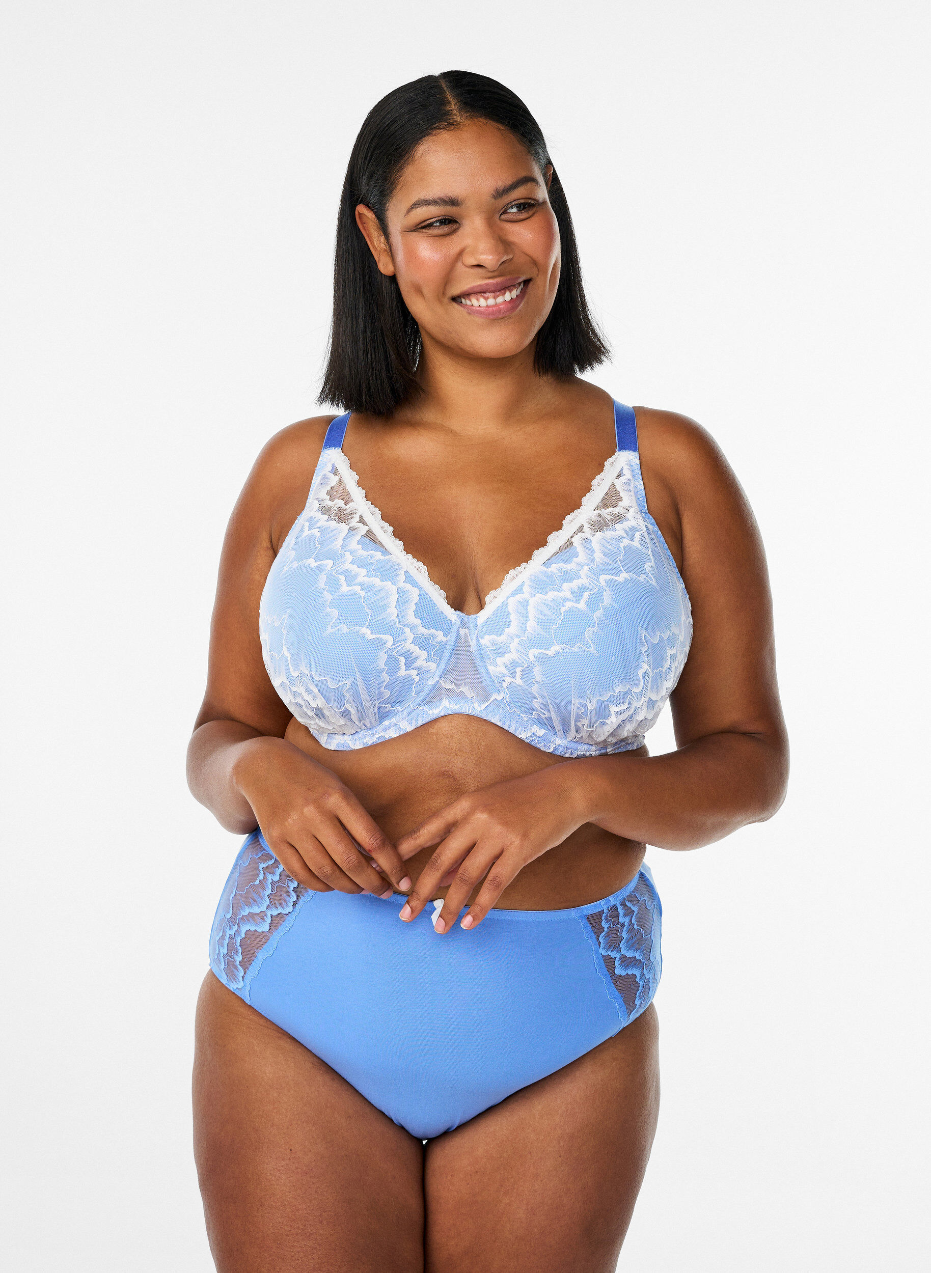 Zizzi Gepolsterter BH mit Spitze und Mesh, Blau, Model image number 1