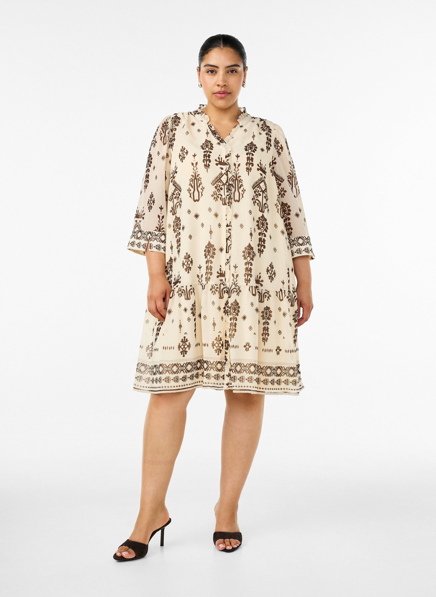 ZizziKleid mit Ornament-Print und R&uuml;schenkragen, Beige, Model image number 1