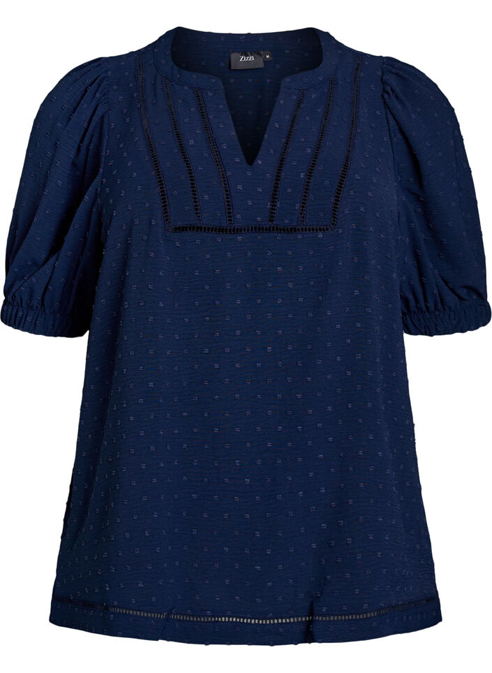 Bluse mit kurzen Puffärmeln und gepunkteter Textur, Navy Blazer, Packshot image number 0