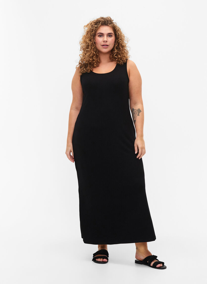 Ärmelloses geripptes Kleid aus Viskose, Schwarz, Model image number 0