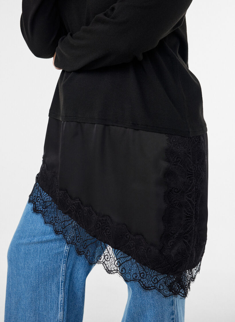 Strickbluse mit Lageneffekt und Spitzenbesatz, Schwarz, Model image number 3