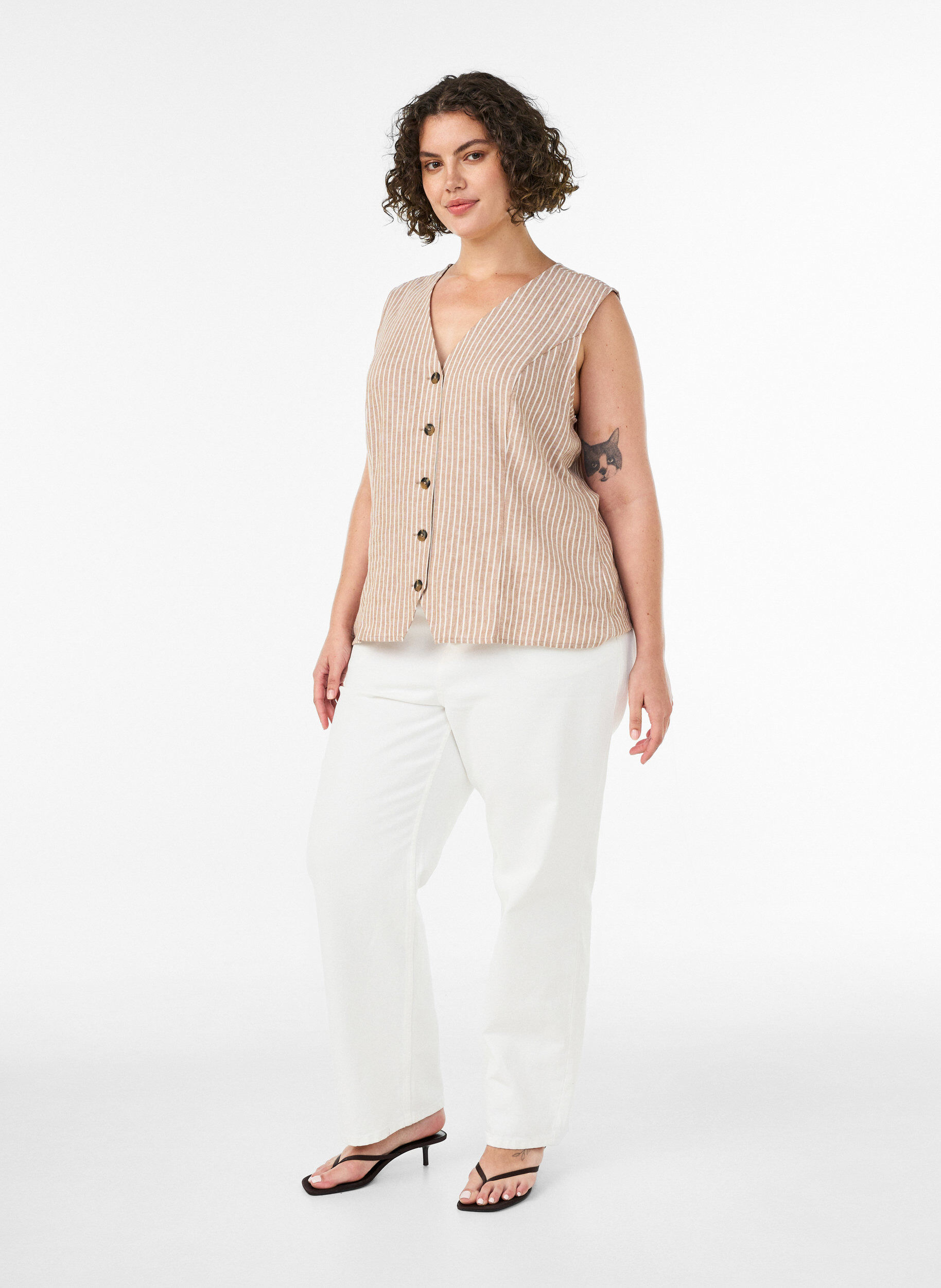 ZizziGestreifte Weste aus Leinen und Viskose, Beige, Model image number 1