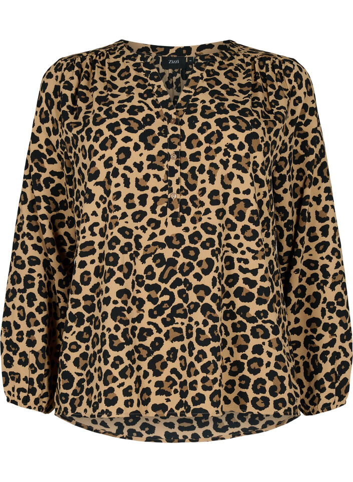 Langarm Bluse mit Leoparden-Print und V-Ausschnitt - Braun - Gr. 42-60 -  Zizzi
