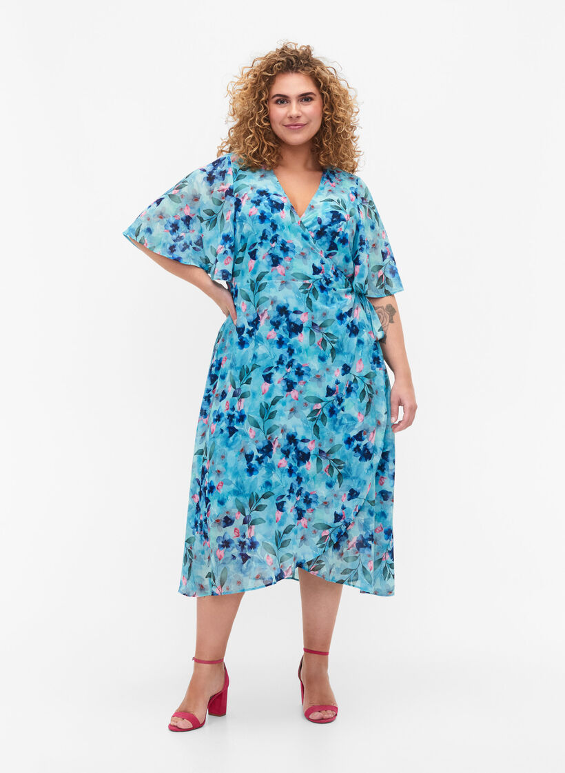 Kurzärmeliges Wrap-Kleid mit Blumenprint, Trellis AOP, Model image number 2