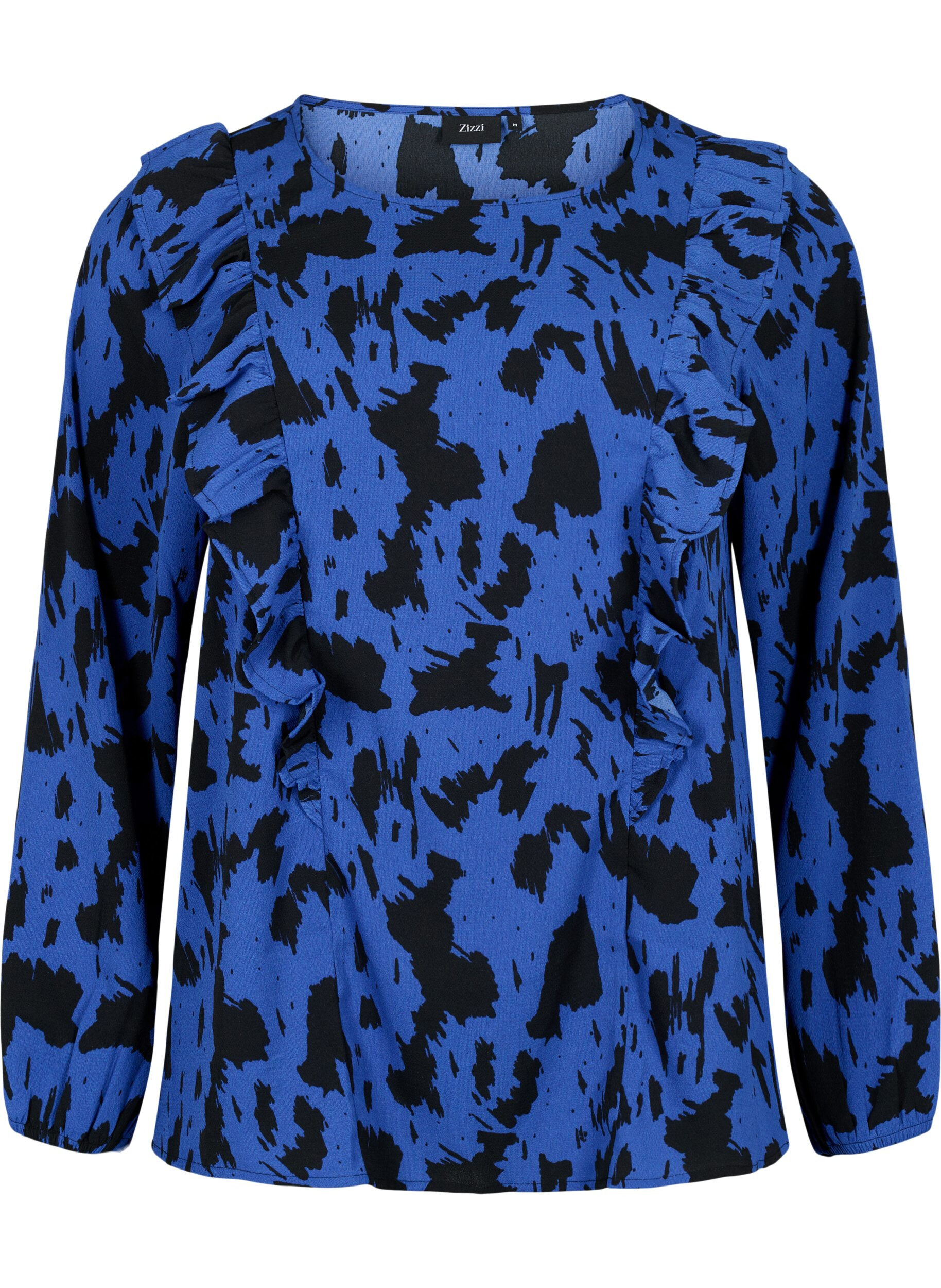 Zizzi Lang&auml;rmelige Bluse mit R&uuml;schen, Black Blue AOP, Packshot image number 0