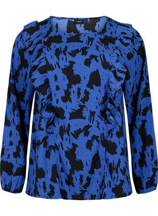 Langärmelige Bluse mit Rüschen, Black Blue AOP, Packshot image number 0