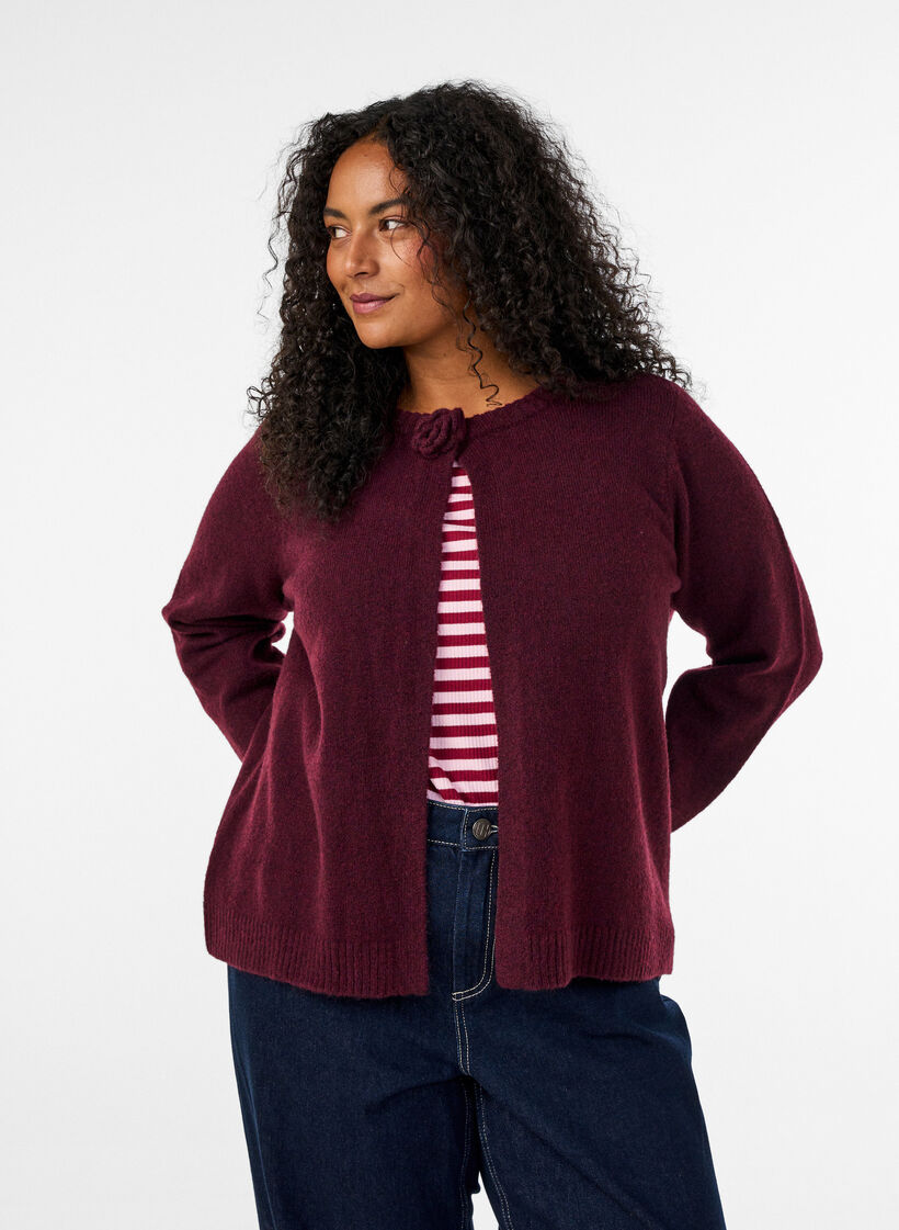 Strickjacke mit Bl&uuml;tendetail, Dunkles Bordeaux, Model image number 0