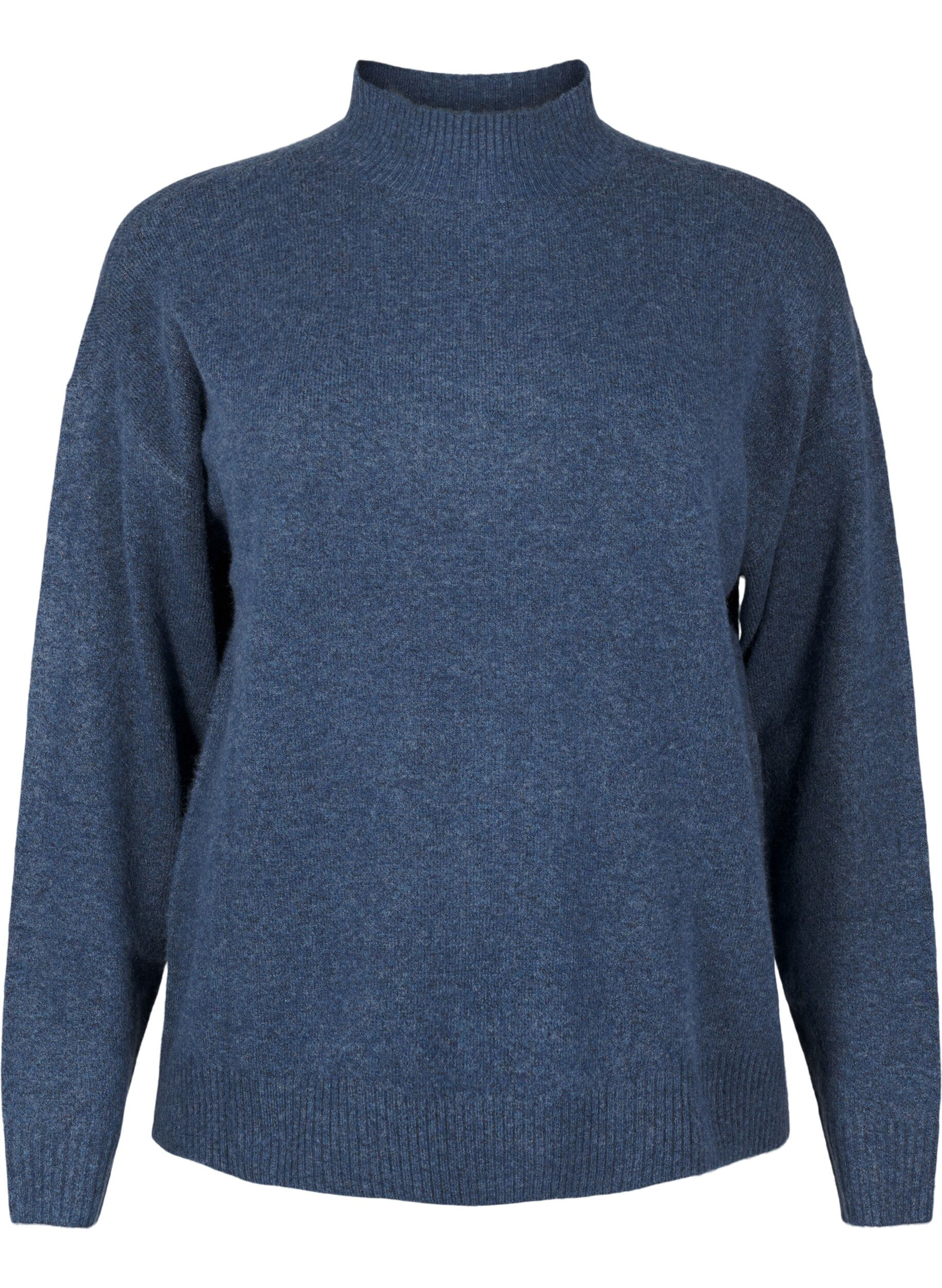 Zizzi Gestrickte Wollbluse mit hohem Kragen, Bering Sea Mel., Packshot image number 0