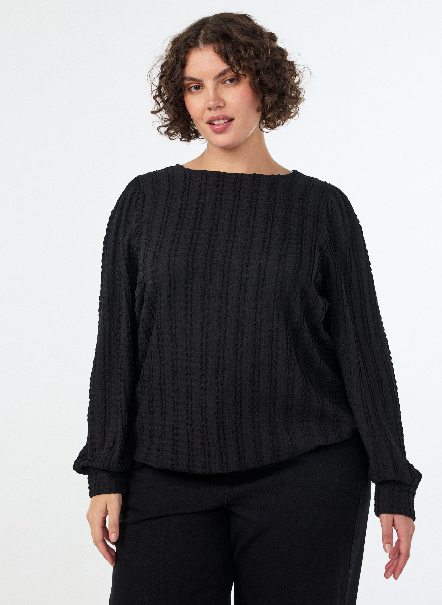 ZizziJerseybluse mit Struktur und Ballonsilhouette, Schwarz, Model image number 0