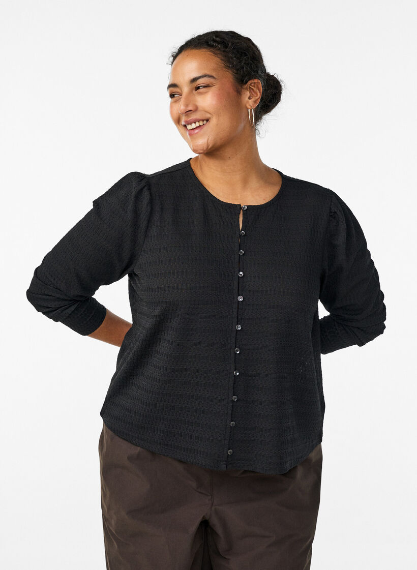 Bluse mit Strukturmuster und Knopfverschluss, Schwarz, Model image number 0