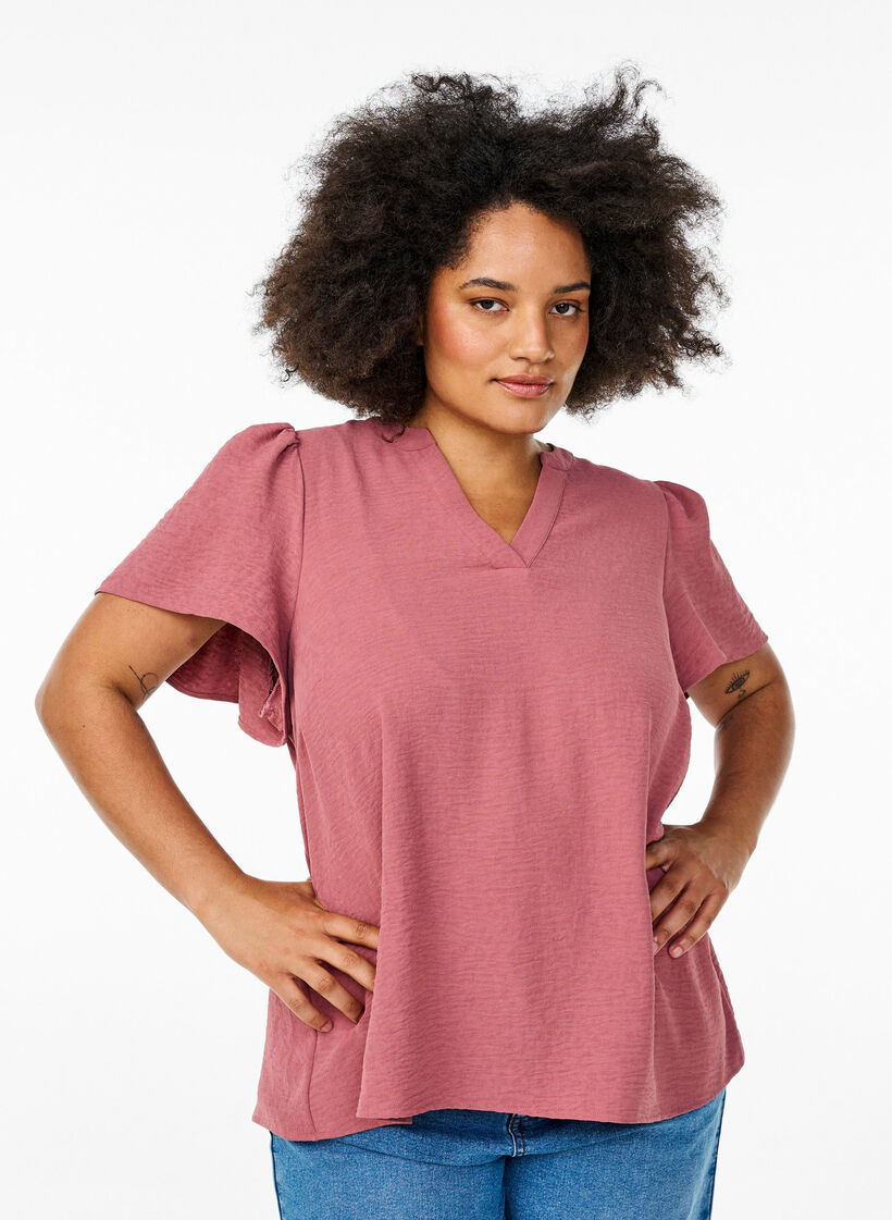 Bluse mit kurzen Rüschenärmeln und V-Ausschnitt, Rot, Model image number 0