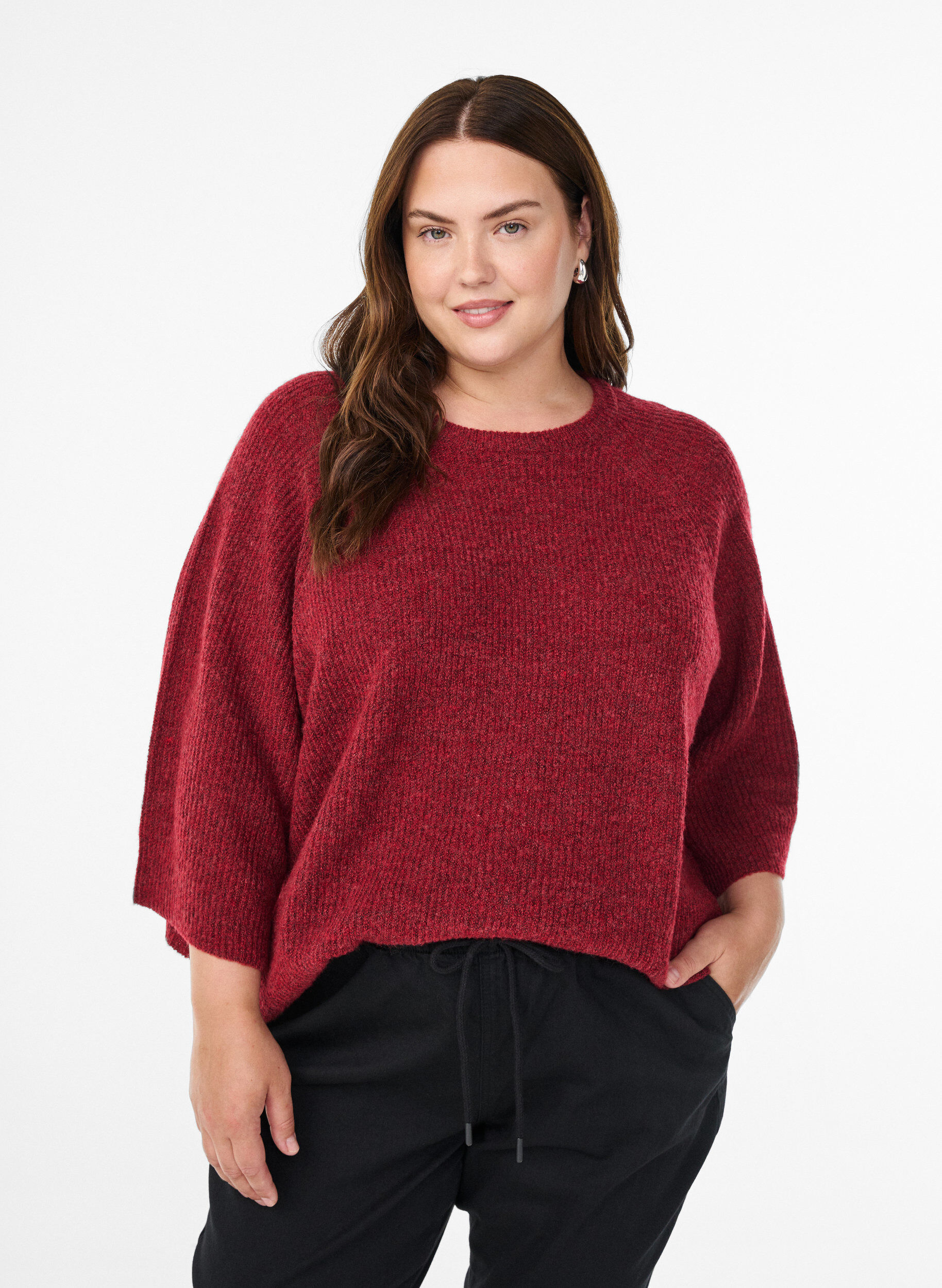 Zizzi Ripppullover mit 3/4-&Auml;rmeln, Rot, Model image number 0