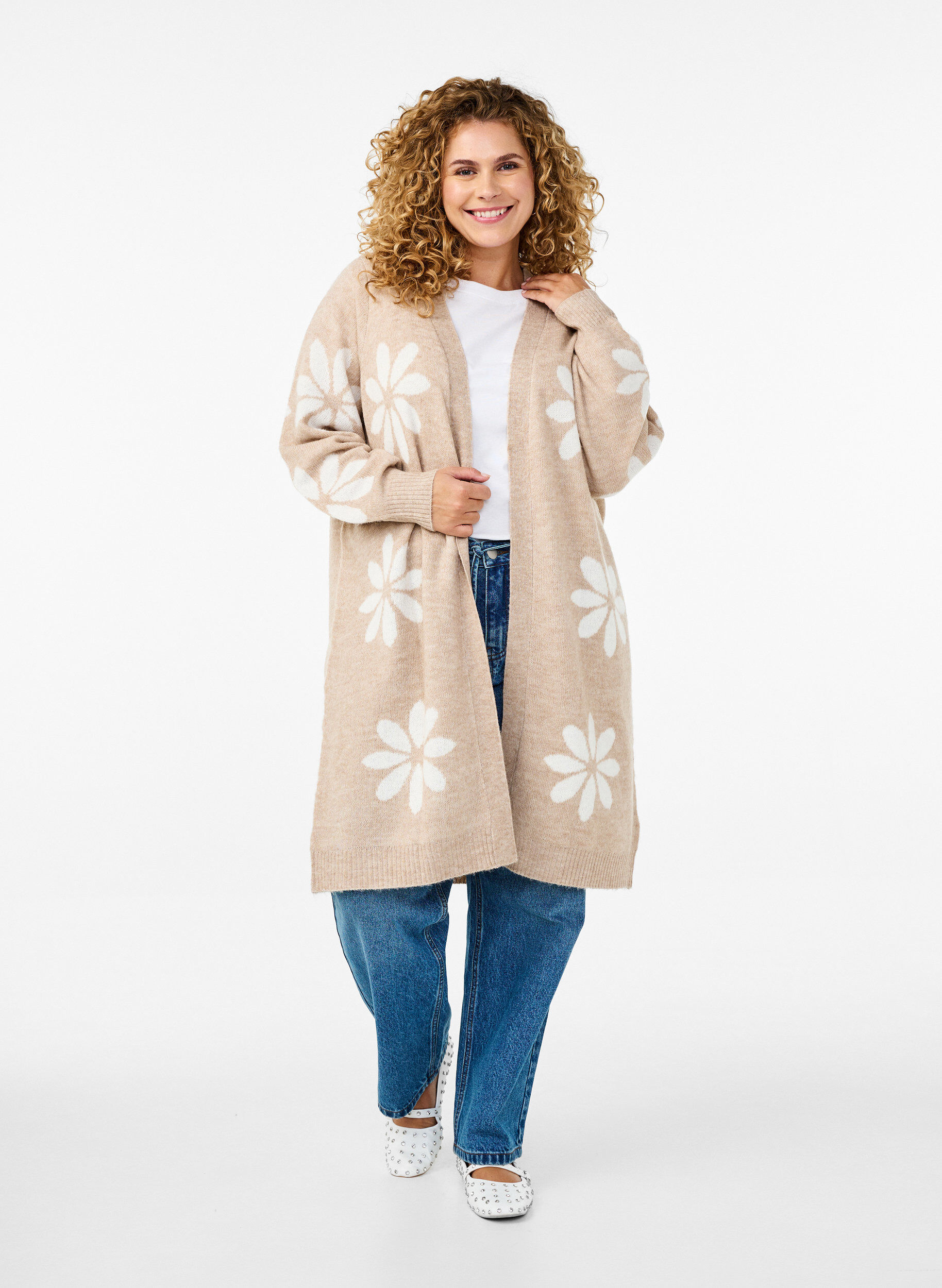 Zizzi Lange Strickjacke mit floralem Muster, Simply Taupe Comb, Model image number 3