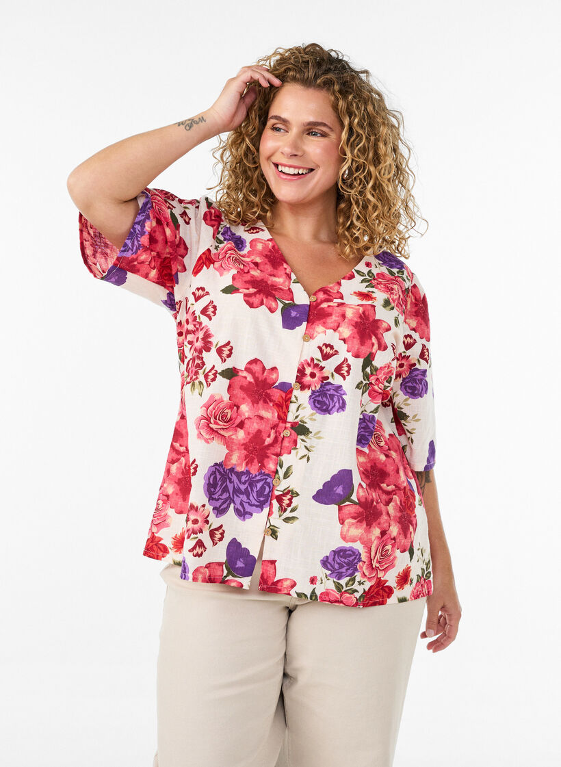 Kurz&auml;rmelige Bluse aus Baumwolle mit V-Ausschnitt, Rot, Model image number 0