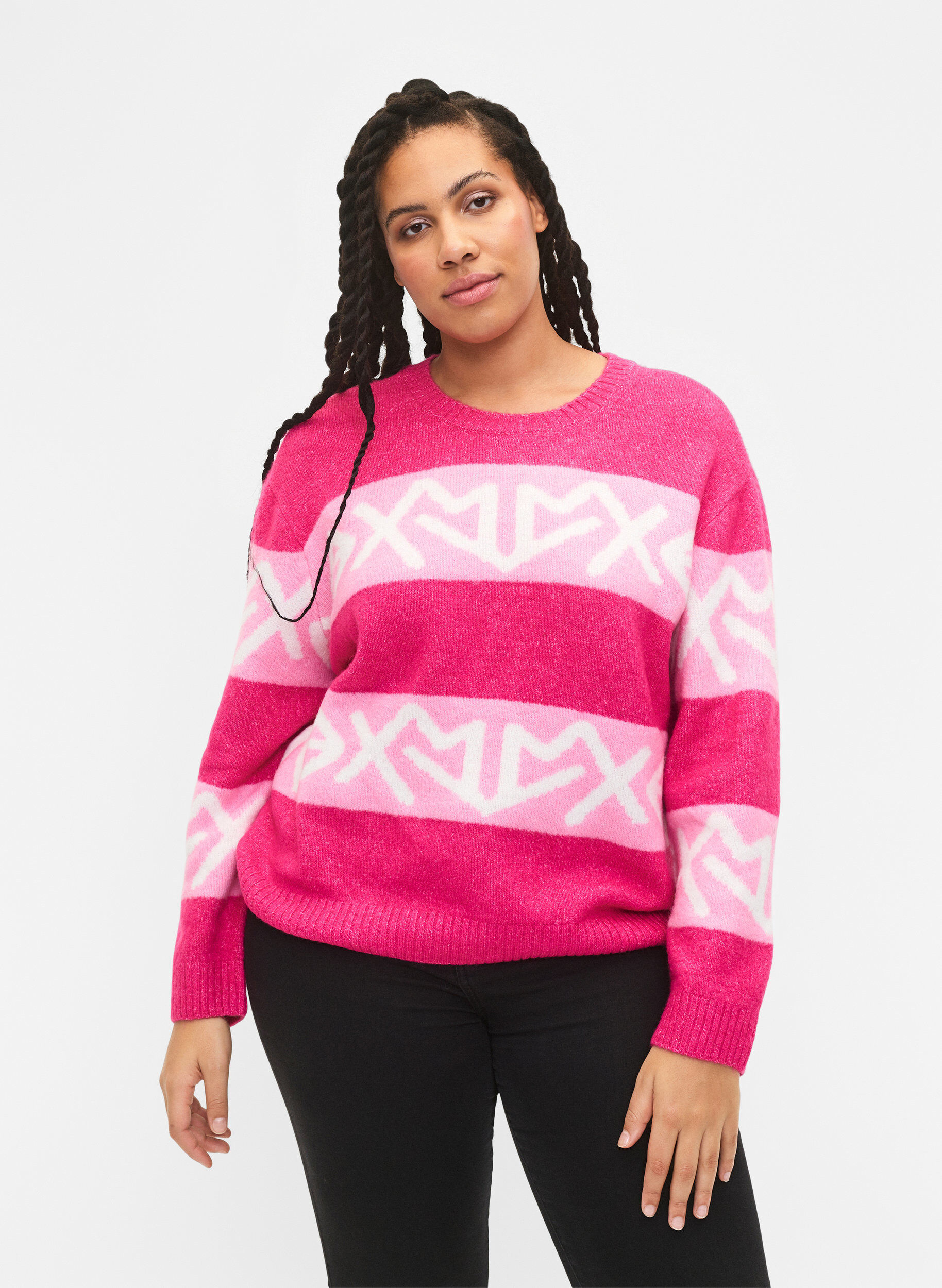 Zizzi Gestreifter Strickpullover mit grafischem Muster, Raspberry Rose Comb, Model image number 0