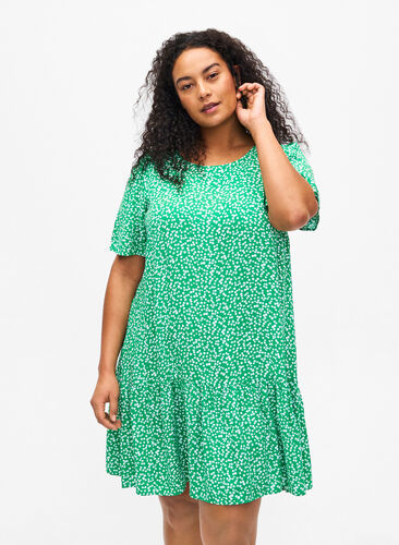 FLASH – Kleid aus Viskose mit Schnittlinie, Bright Green Wh. AOP, Model image number 0