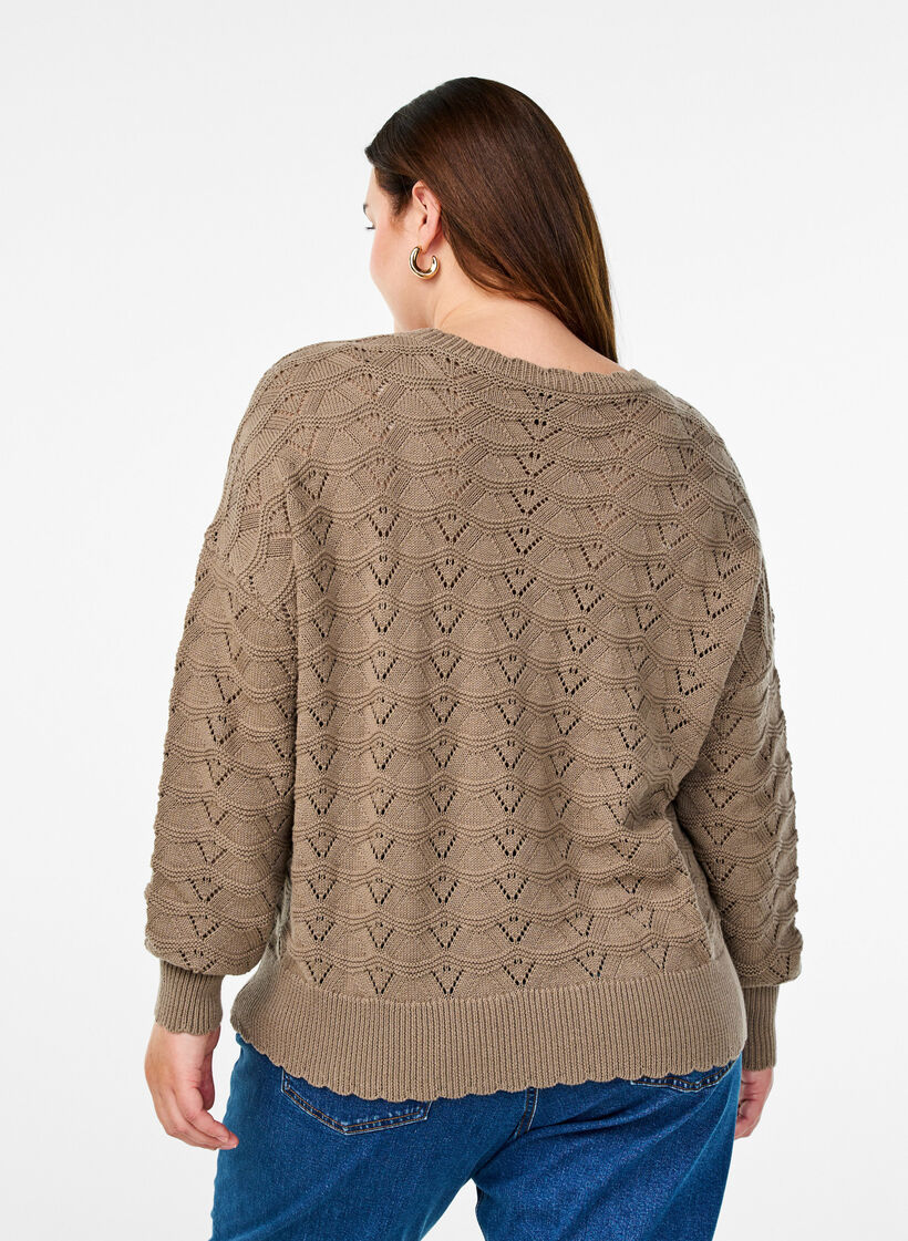 Strickbluse mit Lochmuster und langen Ärmeln, Desert Taupe, Model image number 1