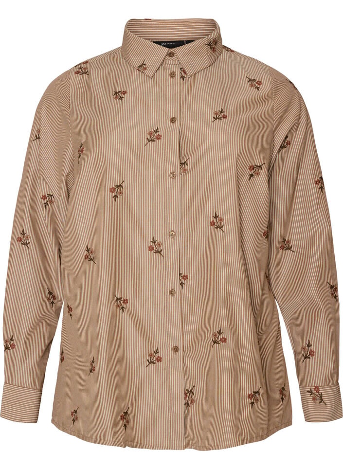 Gestreifte Bluse mit bestickten Blumen, Braun, Packshot image number 0