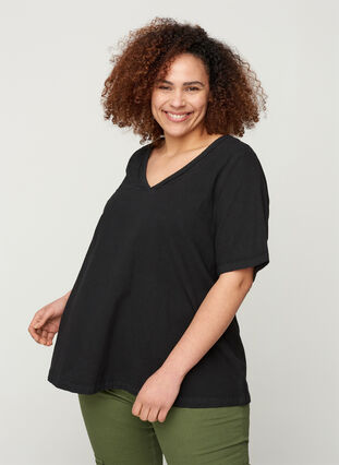 Kurzarm Bluse aus Baumwolle, Black, Model image number 0