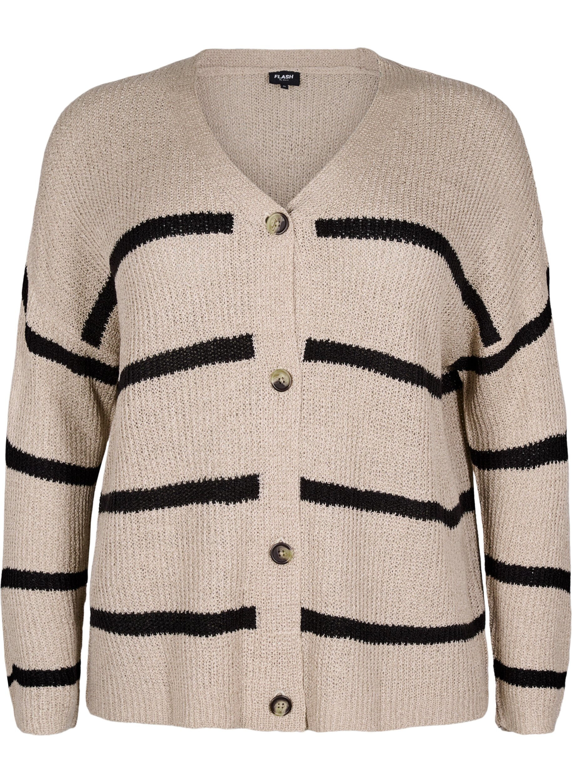 Zizzi FLASH - Gestreifter Strickcardigan mit Kn&ouml;pfen, Beige, Packshot image number 0