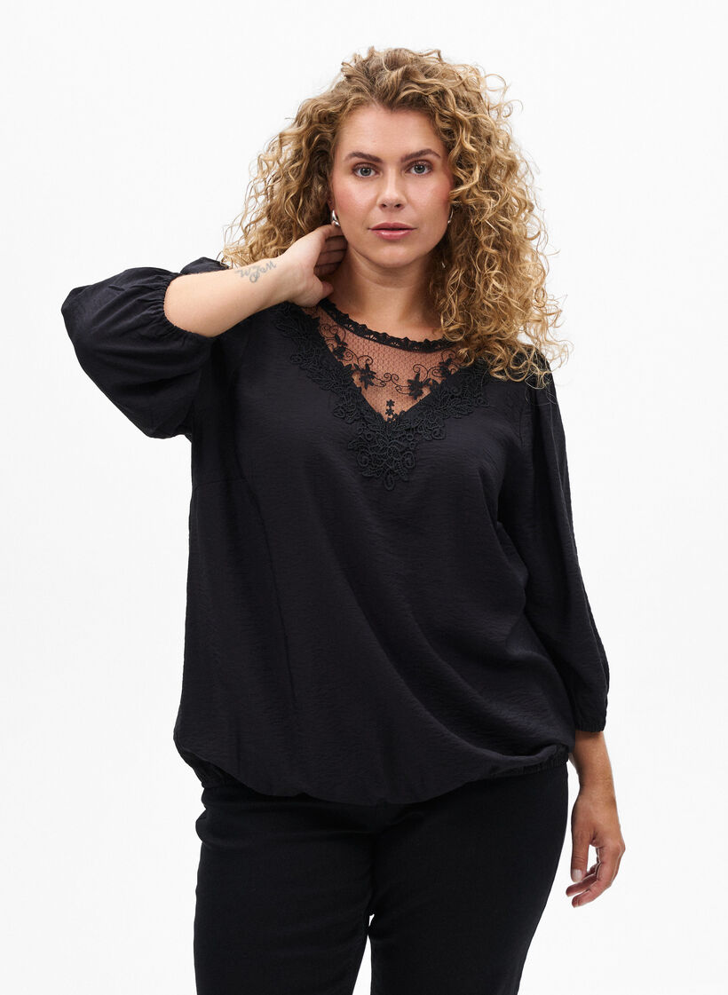 Bluse aus Spitze mit 3/4-Ärmeln, Schwarz, Model image number 0