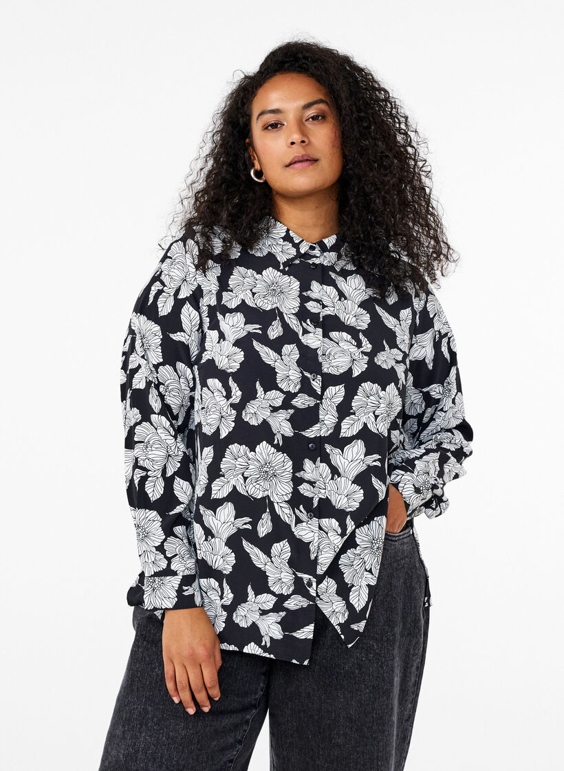 Bluse mit geblümtem Print, Schwarz, Model image number 0
